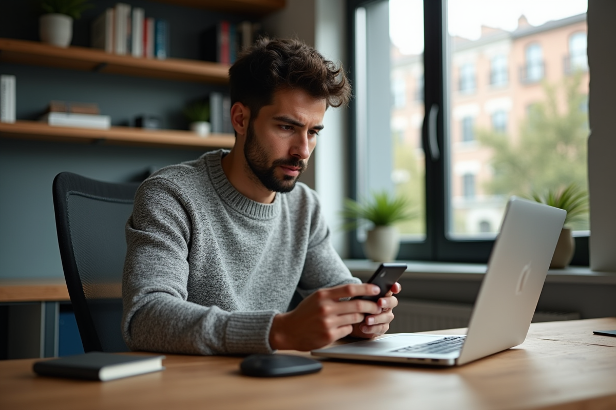 Homme concentré avec portefeuille crypto dans un bureau moderne
