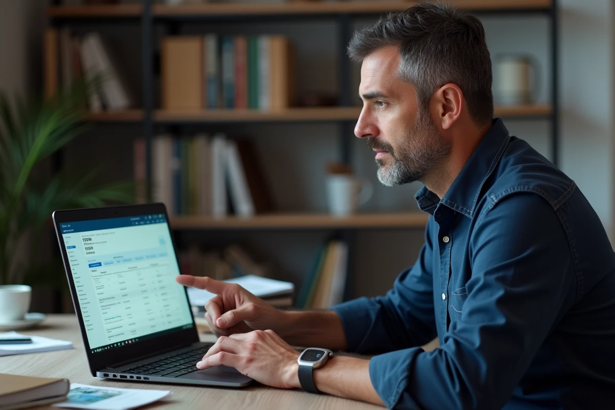 Homme consultant son compte bancaire en ligne sur un ordinateur portable pour identifier et bloquer un abonnement frauduleux REMISEREDUC