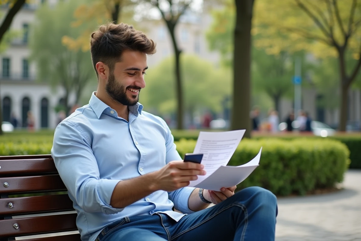 Jeune homme dans un parc avec papiers et carte de fidélite
