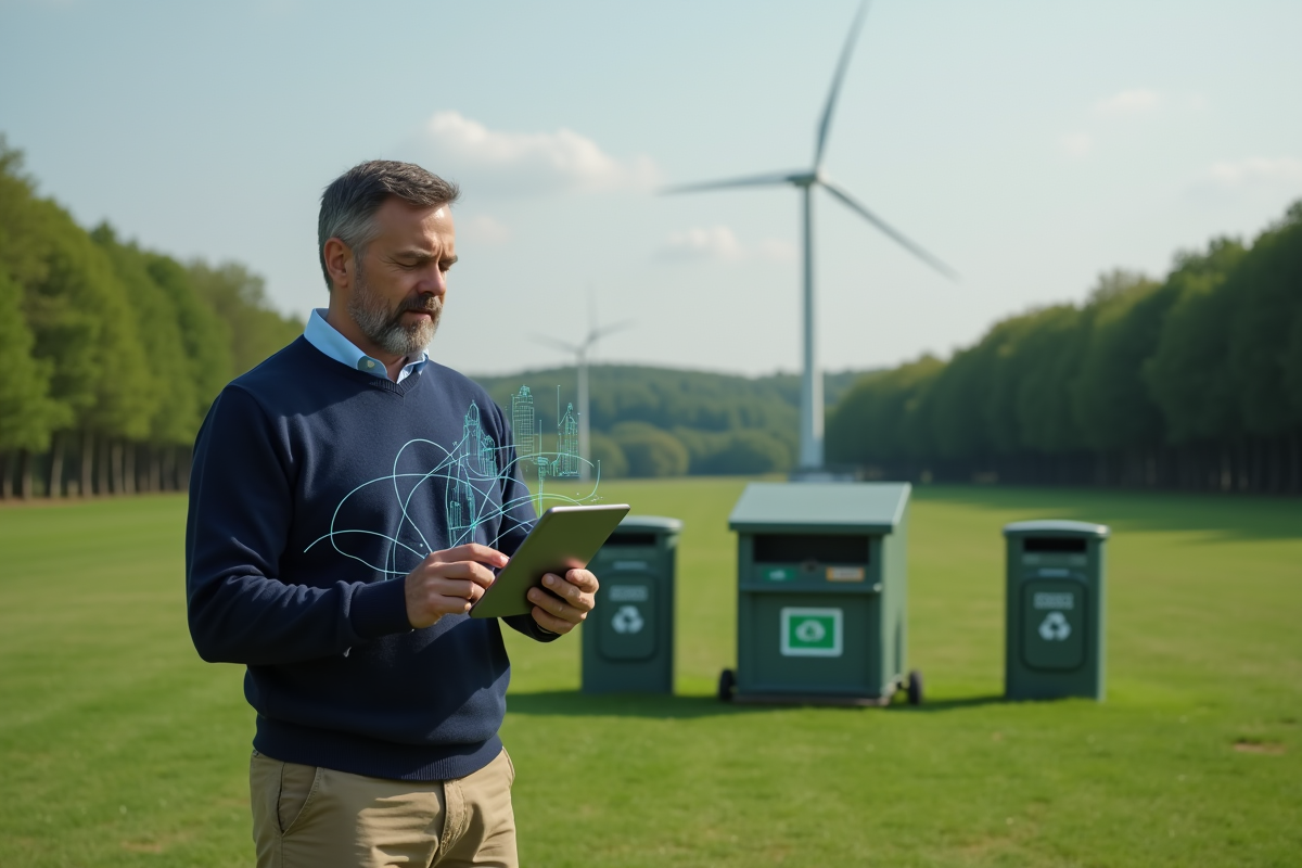 Homme dans un parc avec tablette montrant des diagrammes blockchain