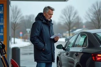 Homme d'âge moyen avec parka et reçu devant pompe à essence