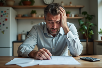 Homme inquiet étudiant un dossier de prêt à la maison