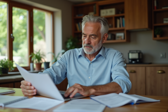Homme d'âge moyen relaxe examinant documents financiers