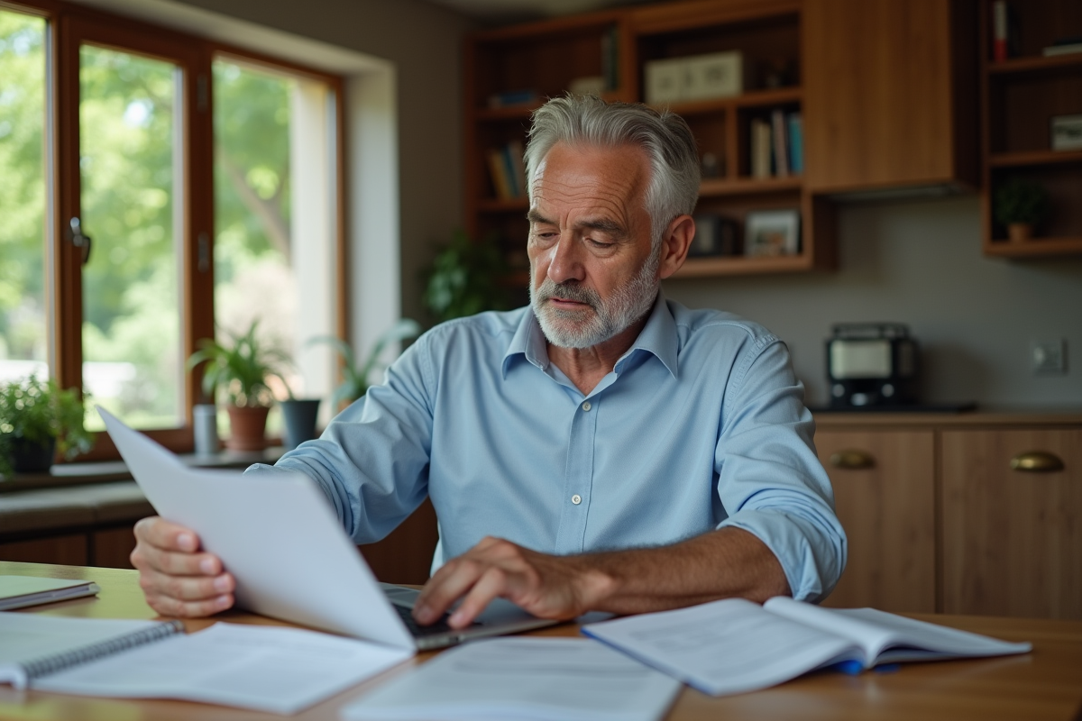 Homme d'âge moyen relaxe examinant documents financiers