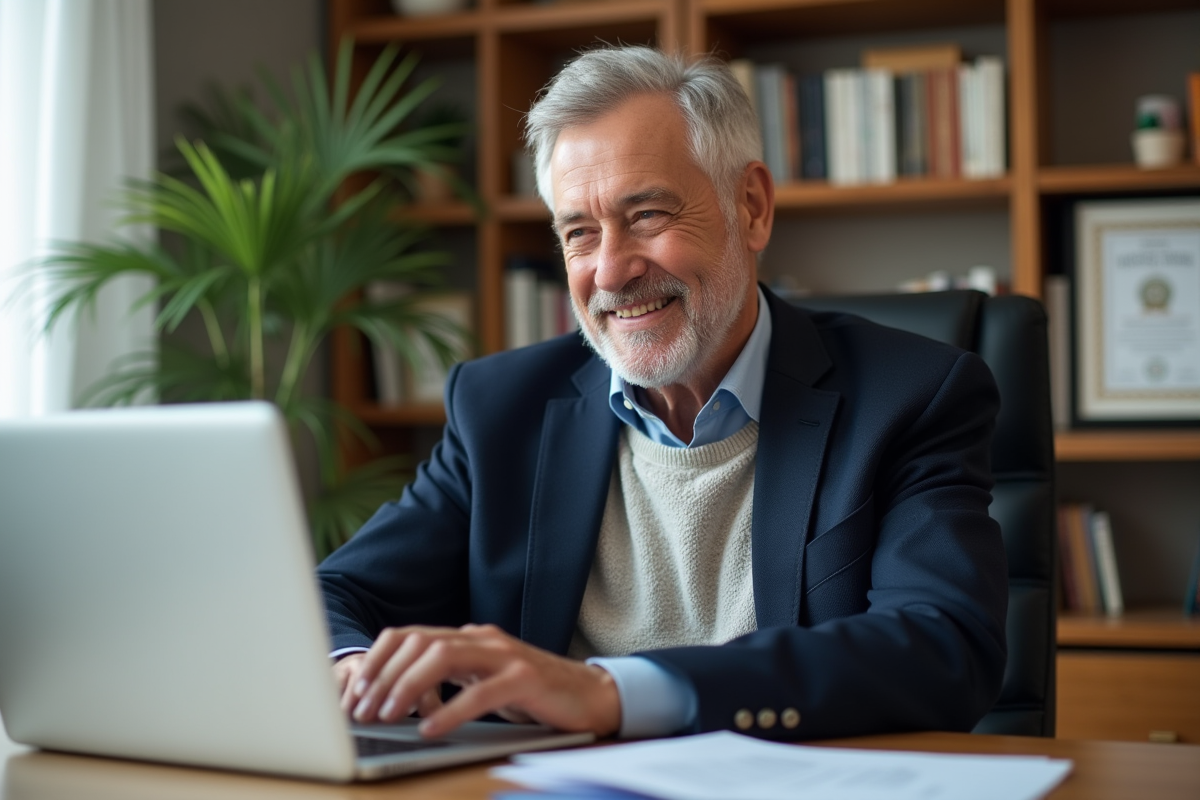 Homme retraité souriant dans son bureau organisé