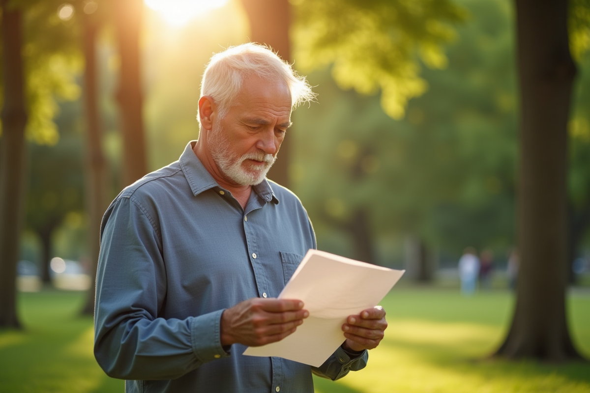 Homme mature lisant une lettre dans un parc ensoleille