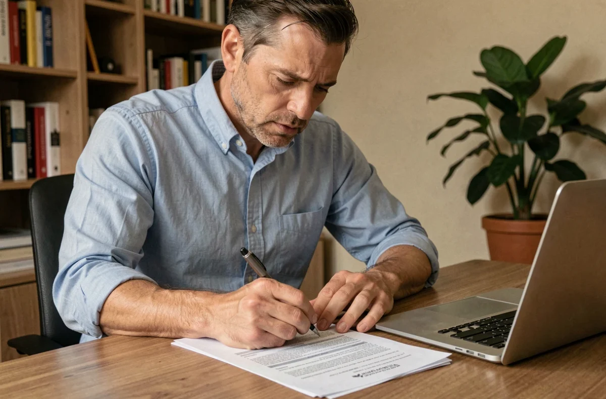 Homme en chemise bleue annotant un contrat d'assurance emprunteur à son bureau à domicile