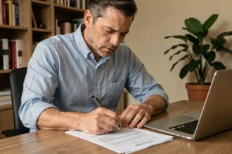 Homme en chemise bleue annotant un contrat d'assurance emprunteur à son bureau à domicile