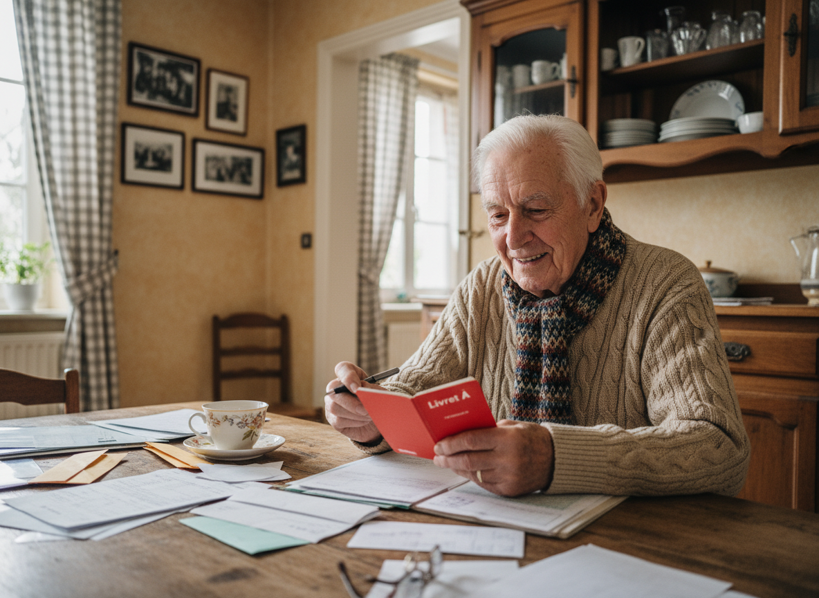 Senior homme vérifie son livret A à la maison