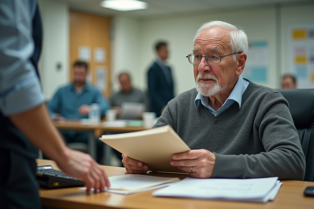 Homme âgé remettant un dossier à un agent dans un bureau municipal
