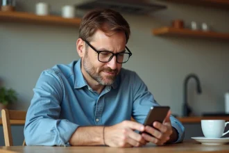 Homme d'âge moyen utilisant une application bancaire sur smartphone