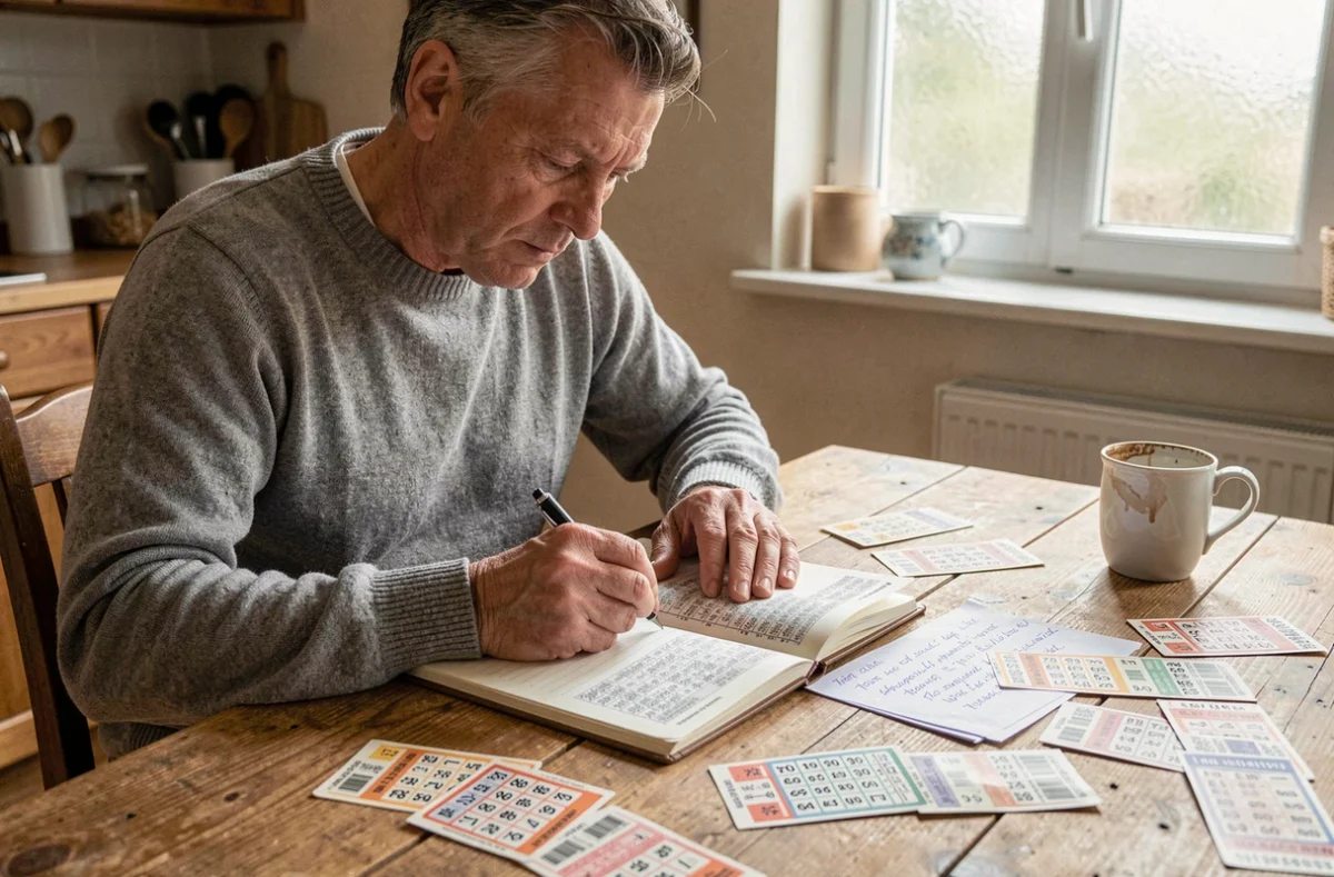 Homme étudiant les statistiques des tirages Euromillions avec des notes manuscrites et des grilles de numéros sur une table en bois