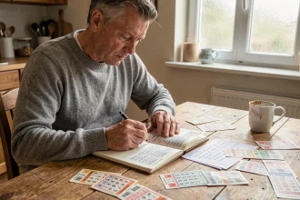 Homme étudiant les statistiques des tirages Euromillions avec des notes manuscrites et des grilles de numéros sur une table en bois