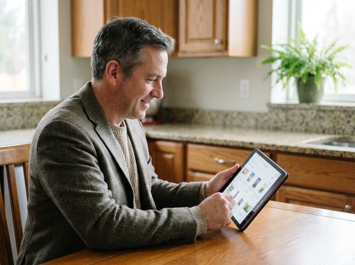 Homme d age moyen utilisant une tablette dans sa cuisine
