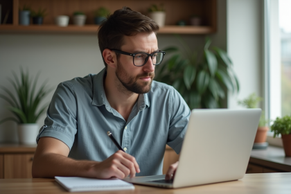 Homme concentré travaillant sur son ordinateur dans une cuisine moderne