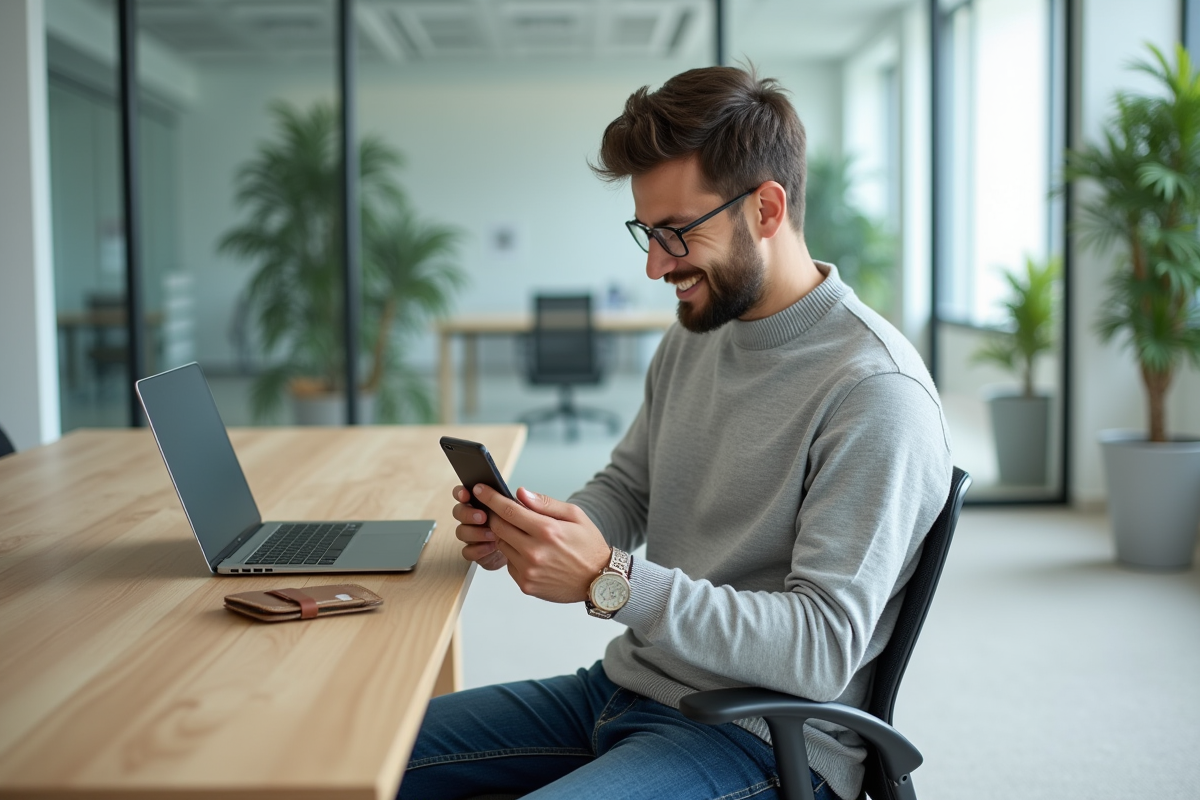 Homme décontracté utilisant une application sur son smartphone au bureau
