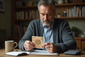 Homme d'âge moyen examinant un billet franc et une pièce euro