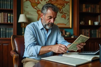 Homme d'âge moyen examinant un billet de franc ancien