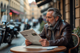 Homme d age moyen dans un café vintage avec motos anciennes