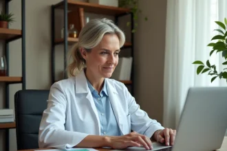 Infirmière libérale consultant son espace personnel Carpimko sur un ordinateur portable à son bureau