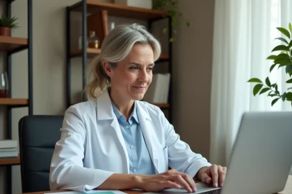 Infirmière libérale consultant son espace personnel Carpimko sur un ordinateur portable à son bureau