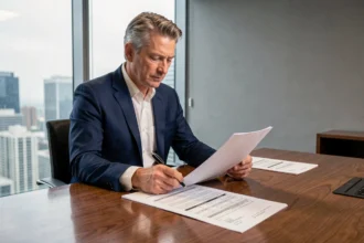 Investisseur analysant les rendements d'une SCPI comme Corum Origin dans un bureau moderne