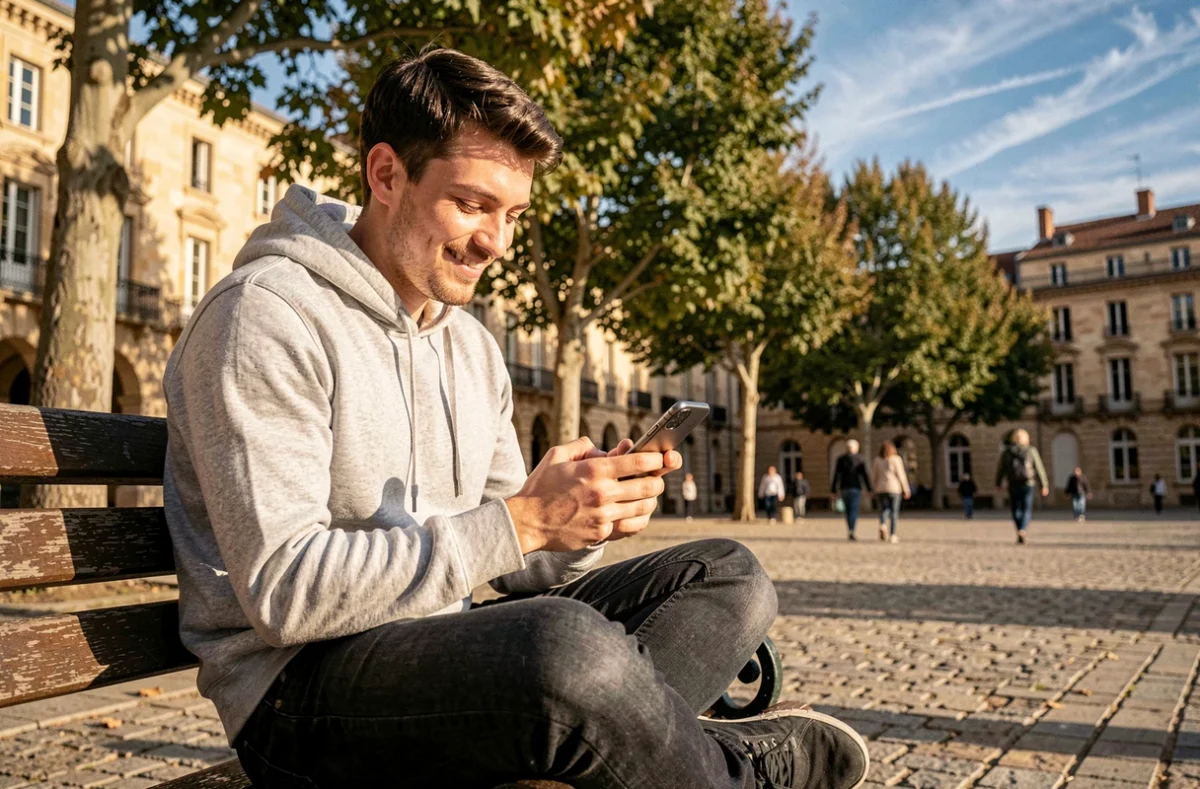 Jeune actif utilisant l'application mobile du Crédit Agricole Nord Midi-Pyrénées en plein air à Montauban