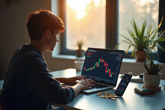 Jeune adulte inquiet devant un ordinateur avec chute crypto