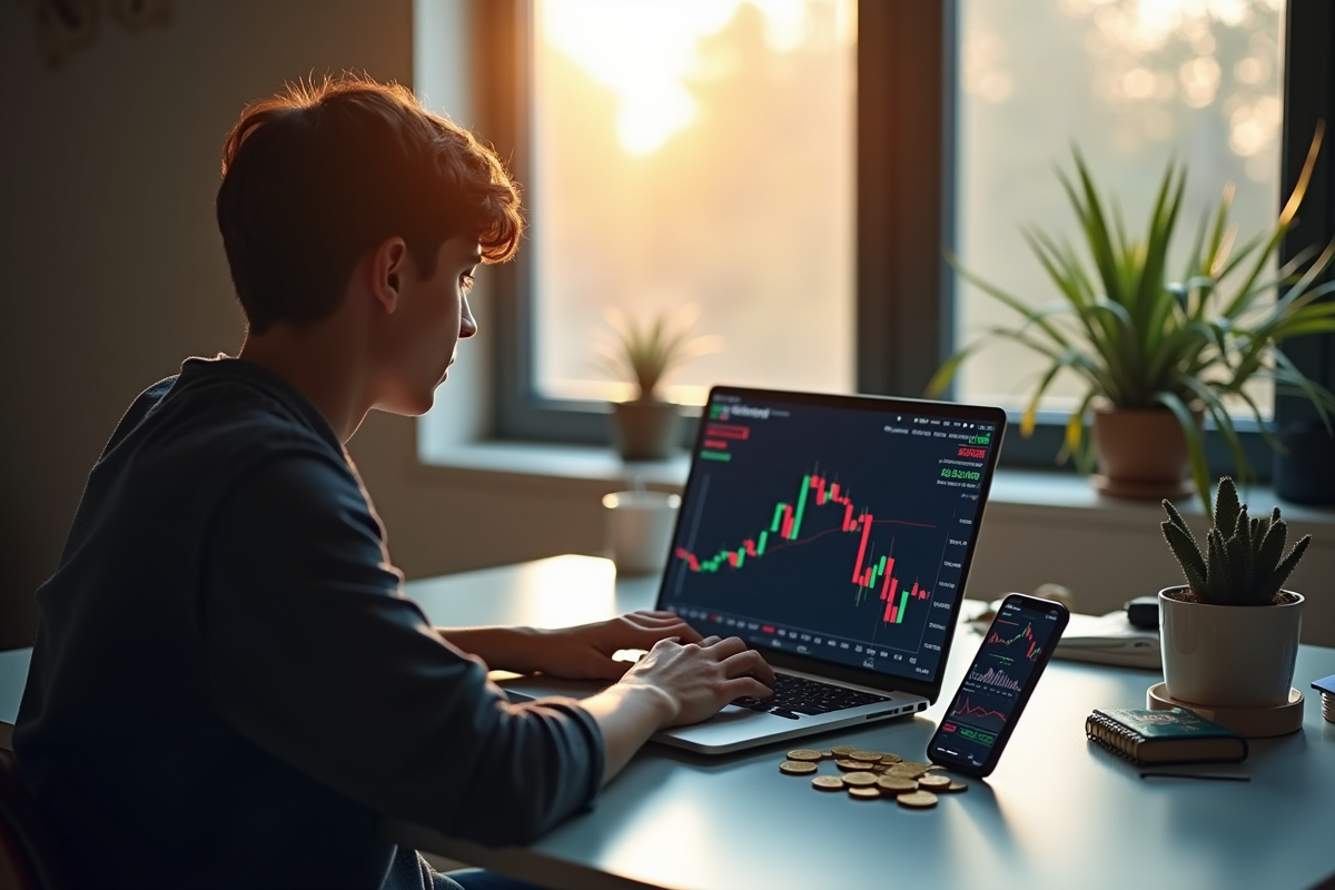 Jeune adulte inquiet devant un ordinateur avec chute crypto