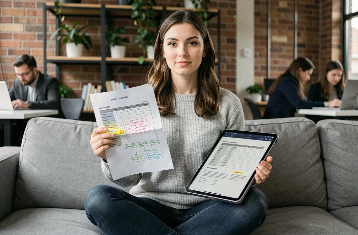 Jeune comptable étudiant un plan comptable PDF annoté dans un espace de coworking moderne