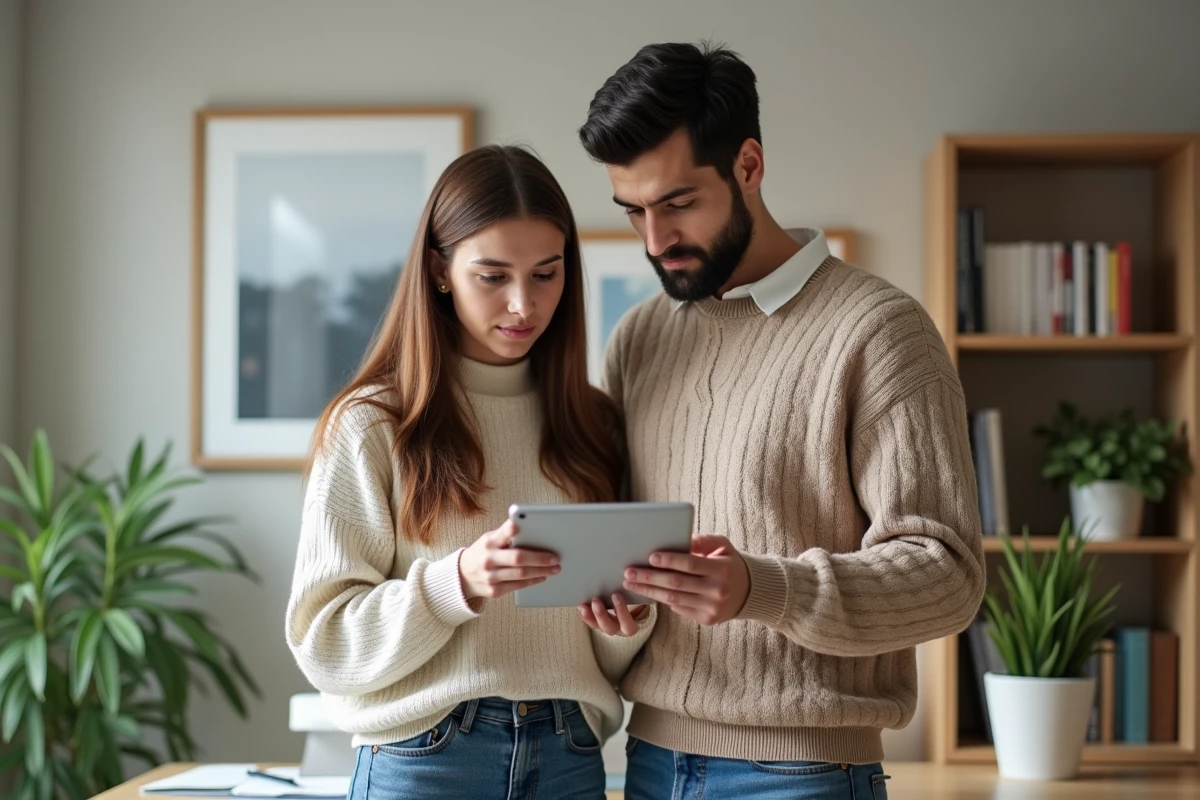 Jeune couple regardant une tablette dans un bureau à domicile