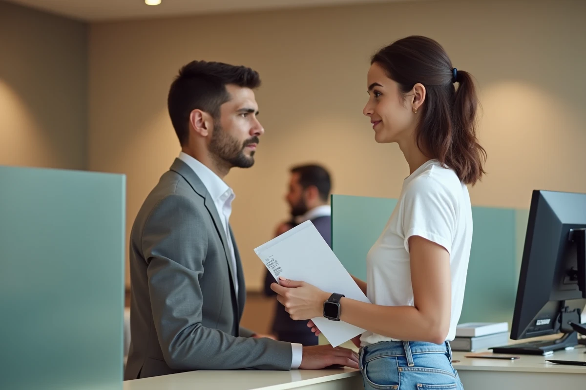 Jeune femme en agence bancaire présentant un document pour contester un prélèvement de 108 euros non justifié