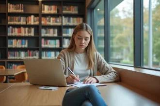Jeune femme en bibliothèque universitaire en train de remplir un formulaire