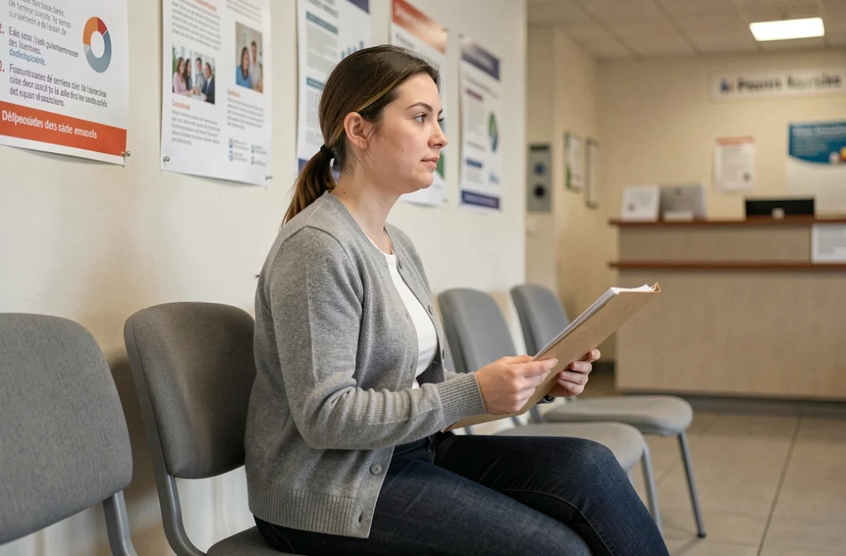 Jeune femme en salle d'attente d'une CAF tenant des documents administratifs pour sa demande de prime d'activité