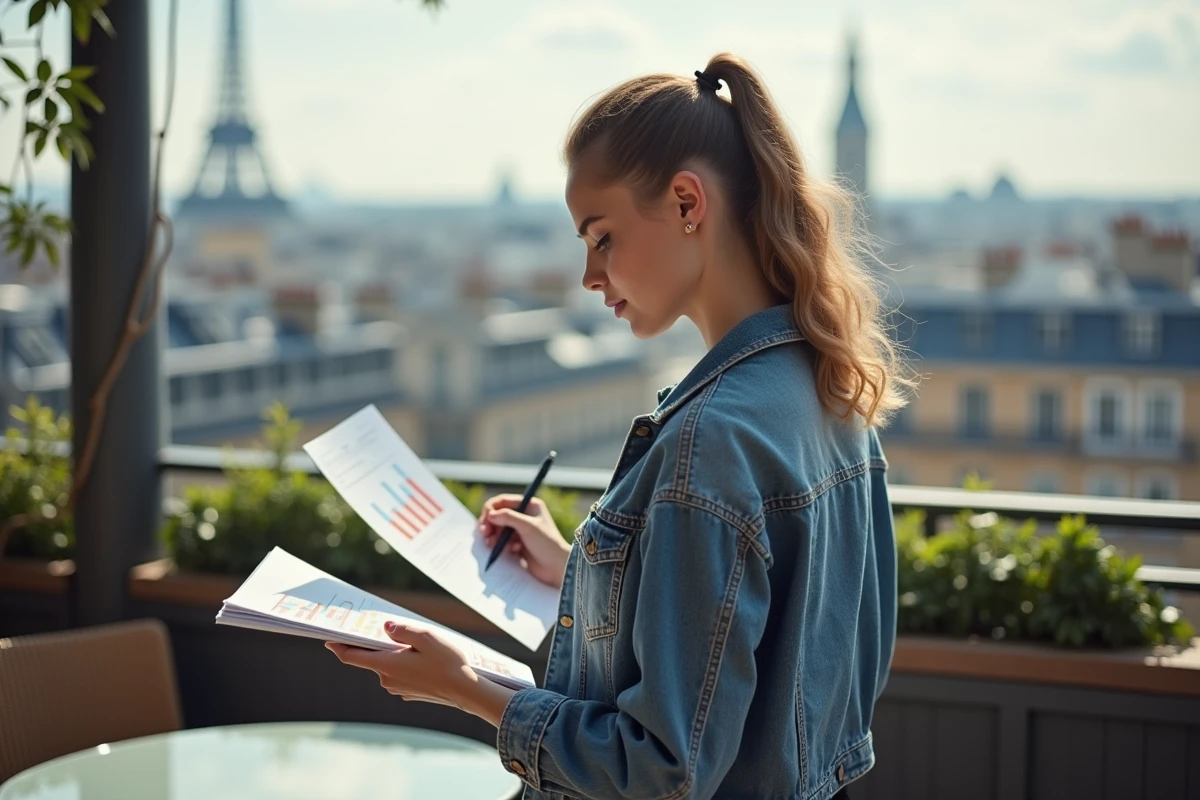 Jeune femme regardant des graphiques financiers dans un café parisien