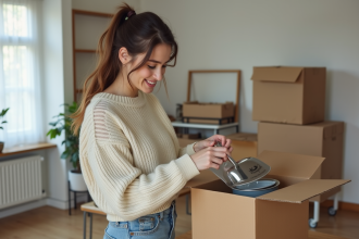 Jeune femme déballant des ustensiles dans un appartement moderne
