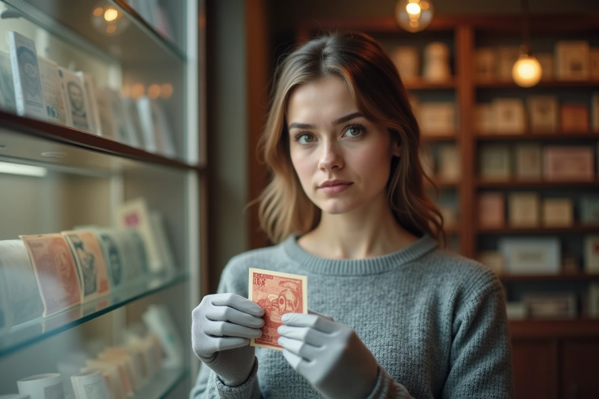 Jeune femme tenant un billet de 1000 francs dans une boutique de collectionneurs