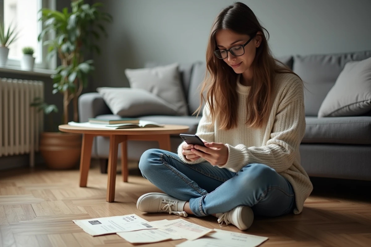 Jeune femme comparant un reçu en francs avec son smartphone