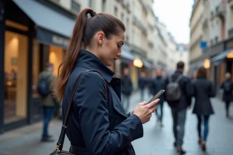 Jeune femme en trench checkant un distributeur automatique