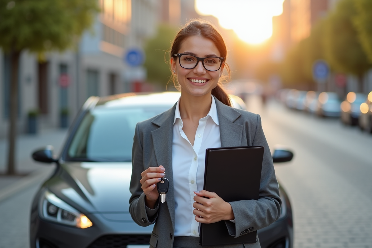Jeune femme confiante souriante avec voiture en ville