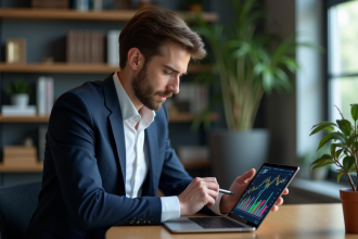 Jeune homme en costume analyse des graphiques financiers sur une tablette