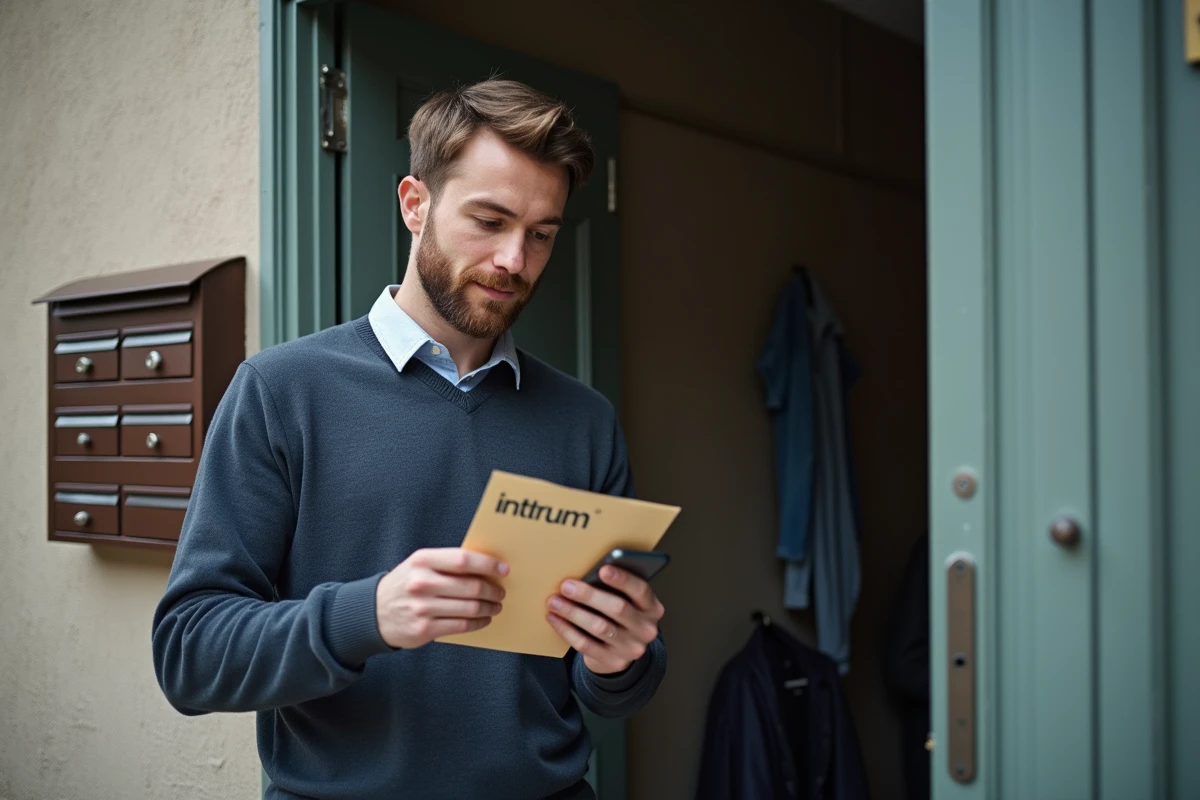 Jeune homme vérifiant son téléphone avec une lettre à la main