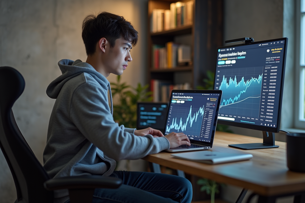 Jeune homme en hoodie surveillant des graphiques crypto