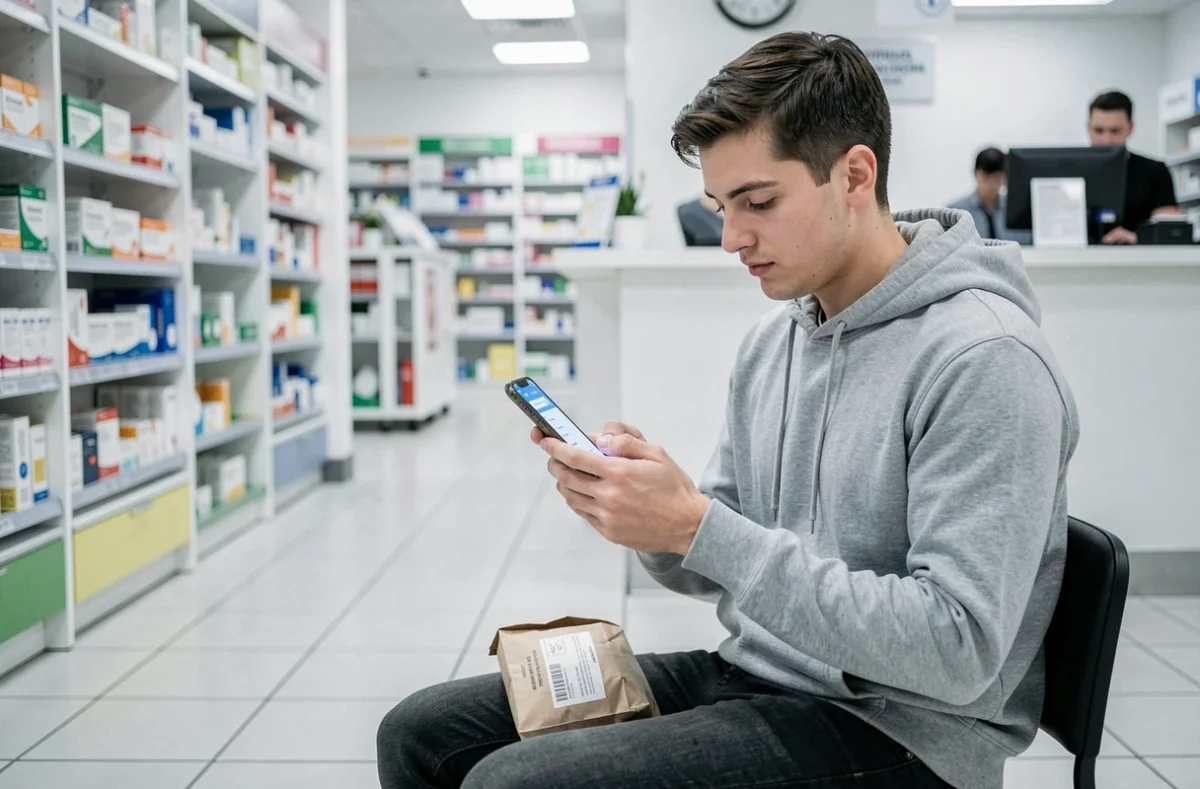 Jeune homme consultant son application de mutuelle santé en pharmacie, vérifiant la prise en charge de ses remboursements médicaux