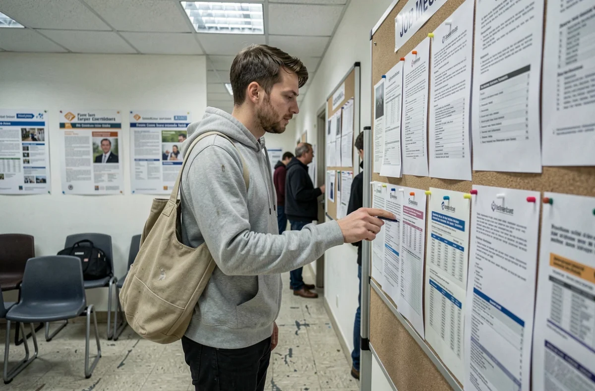 Jeune homme consultant des offres d'emploi au SMIC dans une agence pour l'emploi française