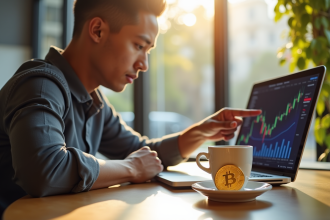 Jeune professionnel étudiant des graphiques numériques avec Bitcoin