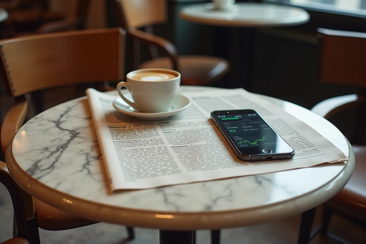 Journal financier français ouvert sur une table de café parisien avec smartphone affichant un portefeuille boursier, illustrant la recherche sur l'action Christian Dior