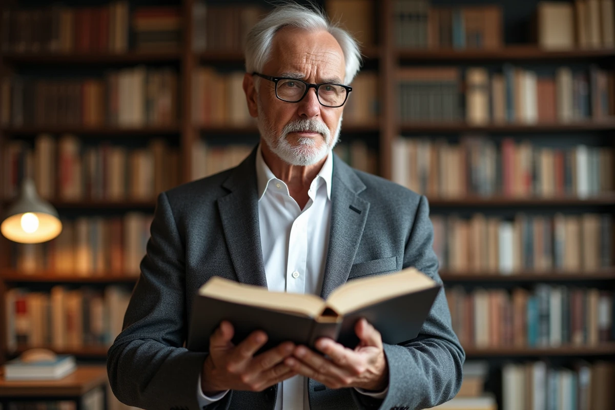 Journaliste économique mature consultant des ouvrages d'économie dans une bibliothèque professionnelle