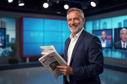 Homme français en blazer blanc dans un studio télévisé