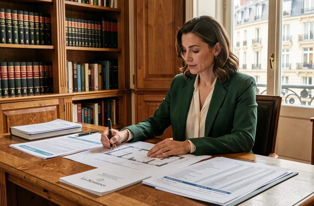 Spécialiste de Les Hermines examinant des plans et bilans d'investissement locatif sur un bureau en chêne parisien